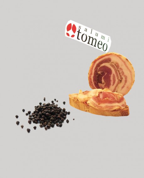 Pancetta arrotolata cilentana con pepe nero - metà 2 Kg sottovuoto - stagionatura  4 mesi - Salumi Tomeo